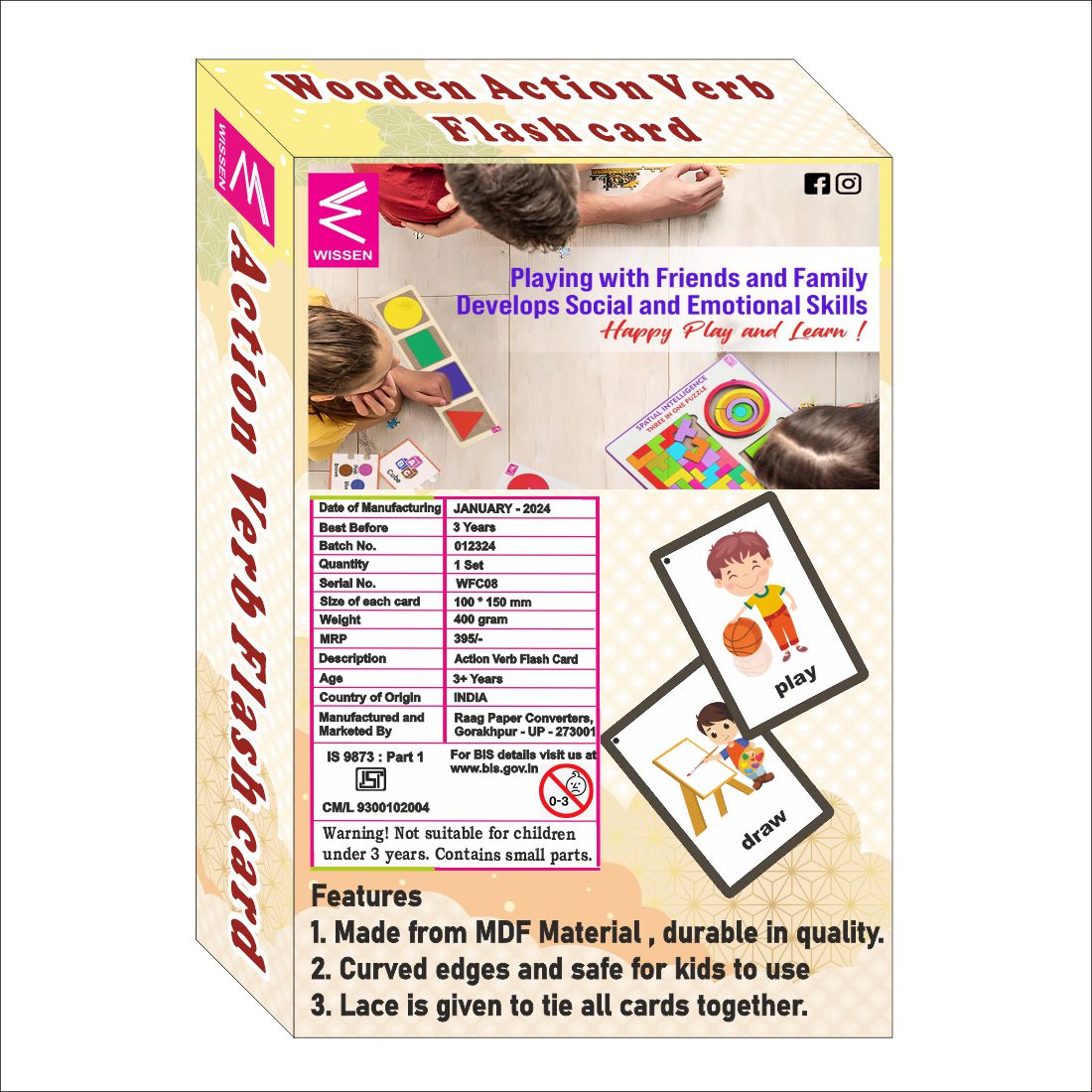 Wooden (MDF) Action Verb Learning Flash card with lacing thread.