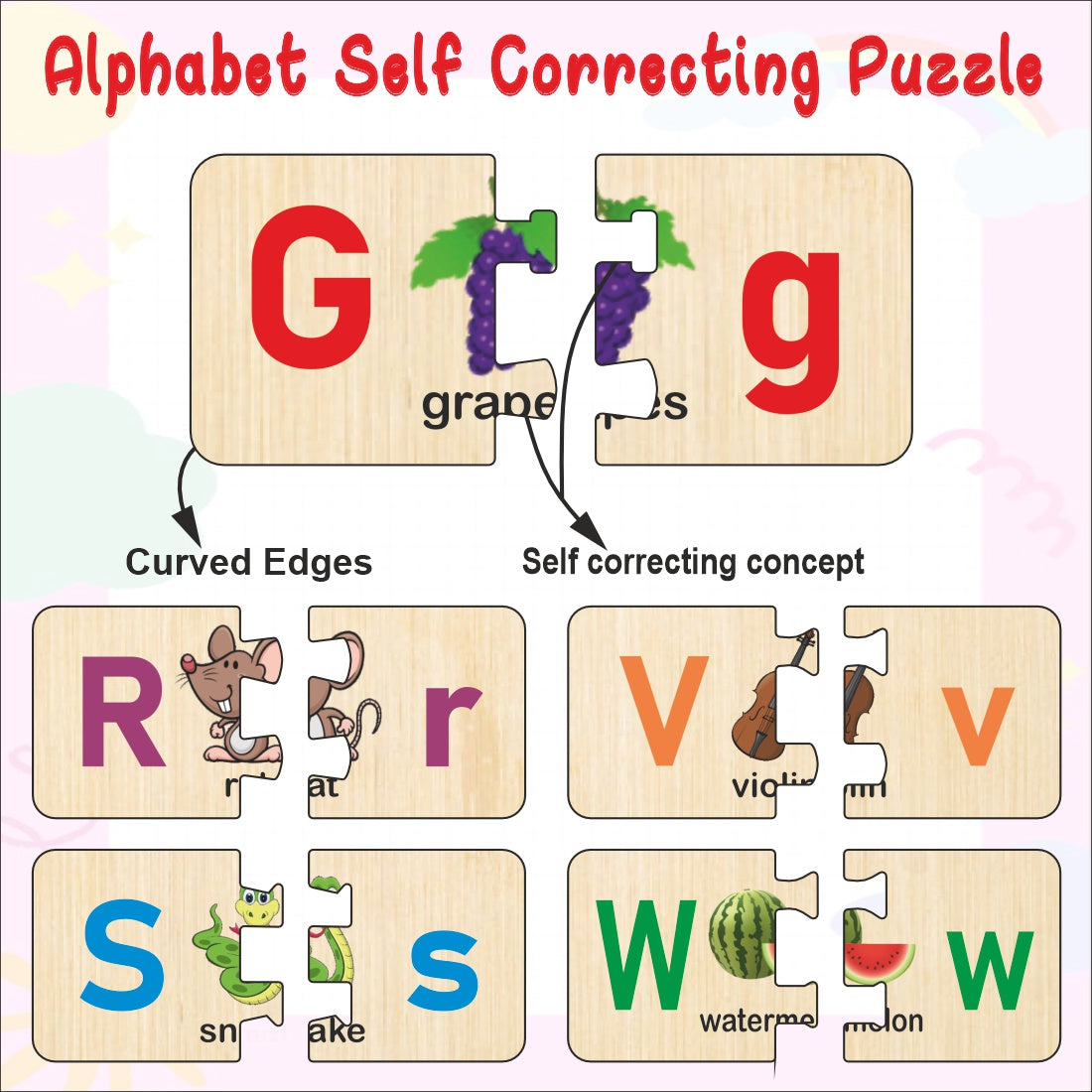 Wooden Capital and Small Alphabet with picture self correcting matching puzzles for kids