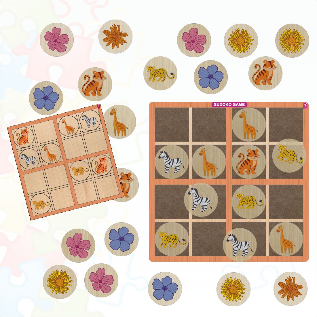 Wooden Sudoku Game Animals and Flowers