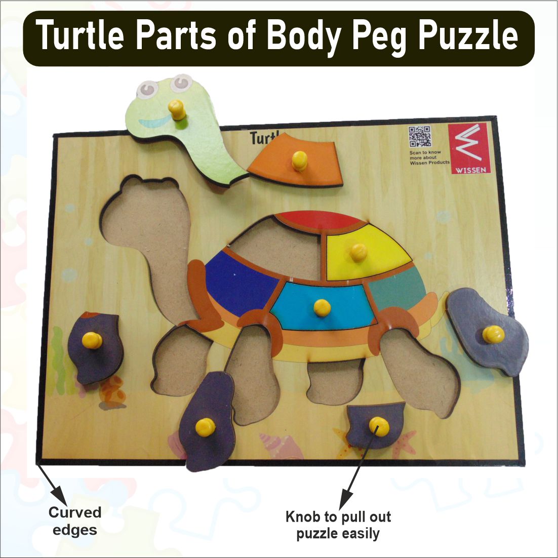 Wooden Turtle parts of body peg board Puzzle -12*9 inch