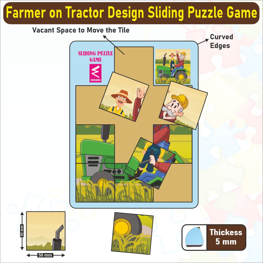 Wooden Farmer on Tractor Sliding and Square Puzzle board Game