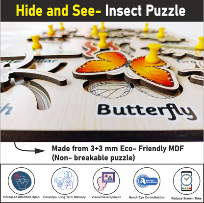 Wooden Hide and See Insect learning peg board Puzzle