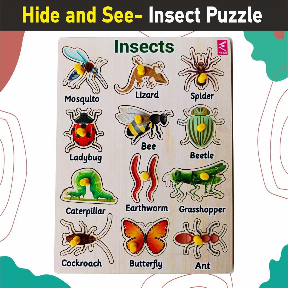 Wooden Hide and See Insect learning peg board Puzzle