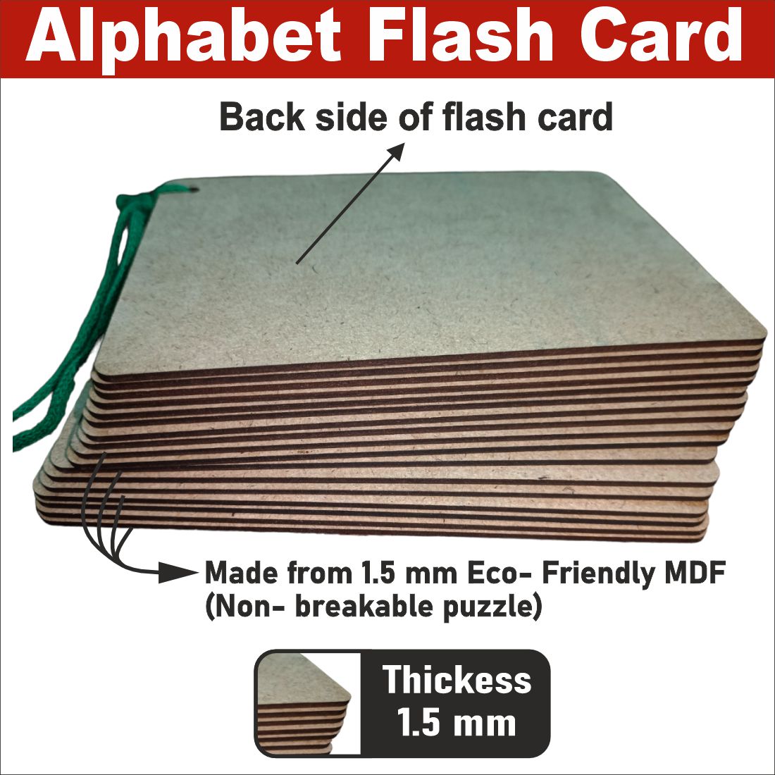 Wooden (MDF) Alphabet Learning Flash card with lacing thread.