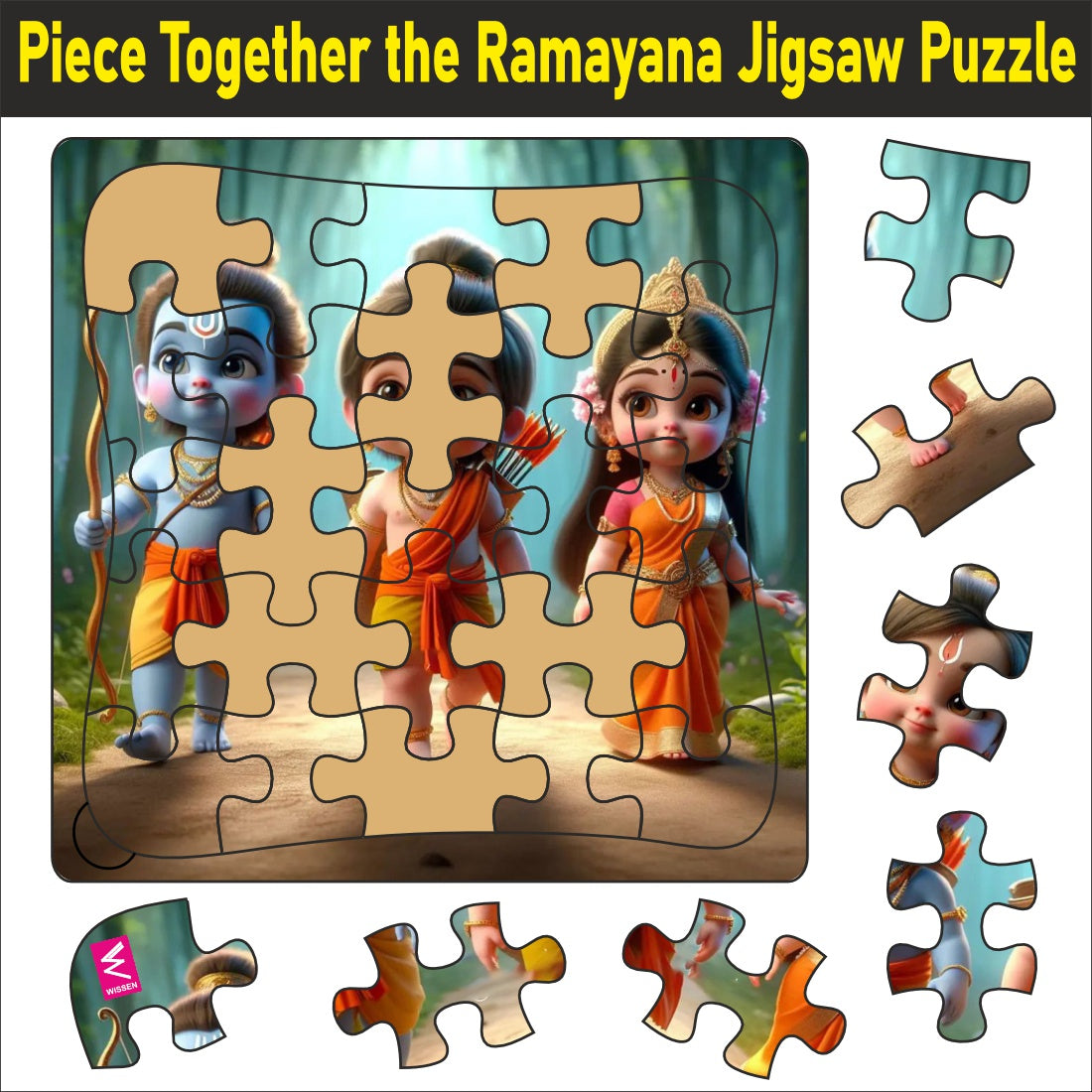 Wooden Jigsaw Puzzle- " Piece together the Ramayana: A delightful puzzle featuring Ram, Lakshman, Sita, and their epic journey. 9*9 inch