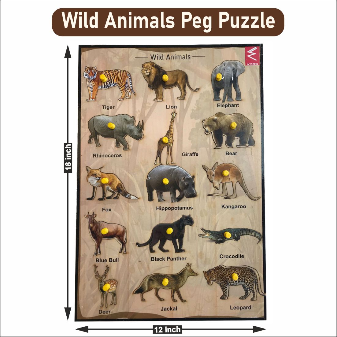 Wooden Wild Animals Peg Board Puzzle- 12*18 inch