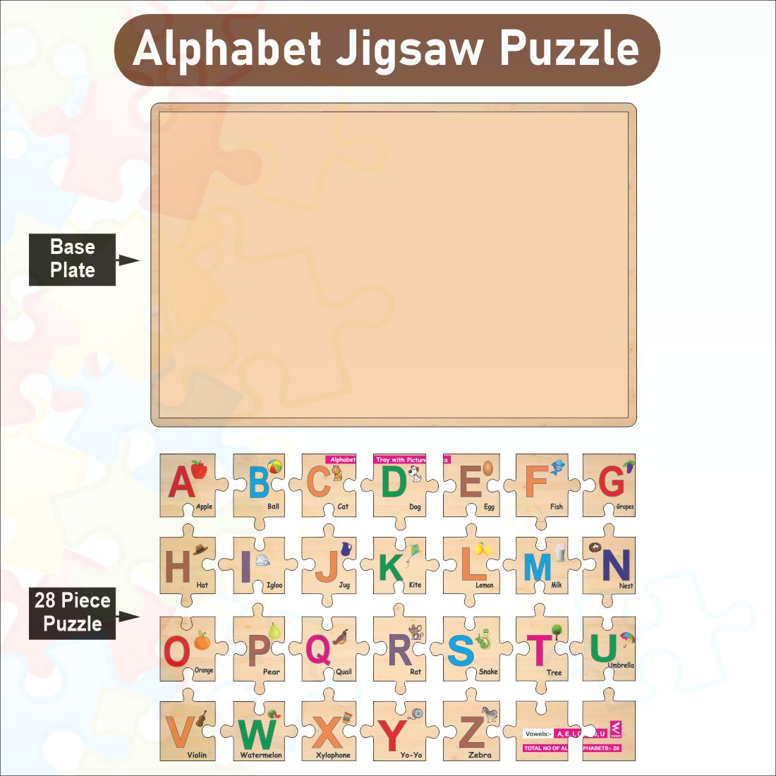 Wooden Alphabet A-Z Jigsaw Puzzle 12*18 inch for kids with puzzle tray