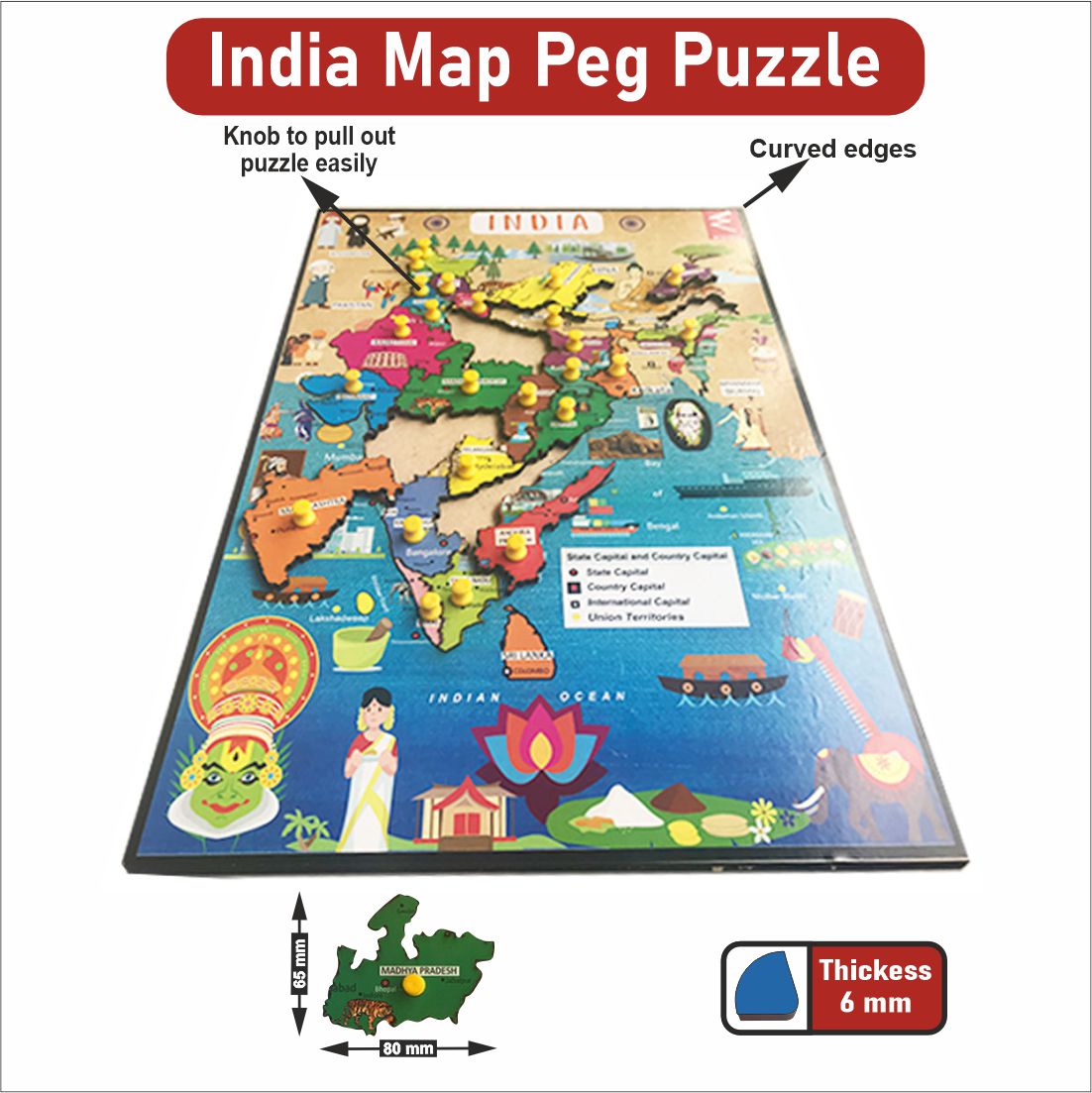 Wooden India Map Educational Peg Board Puzzle -12*18 inch