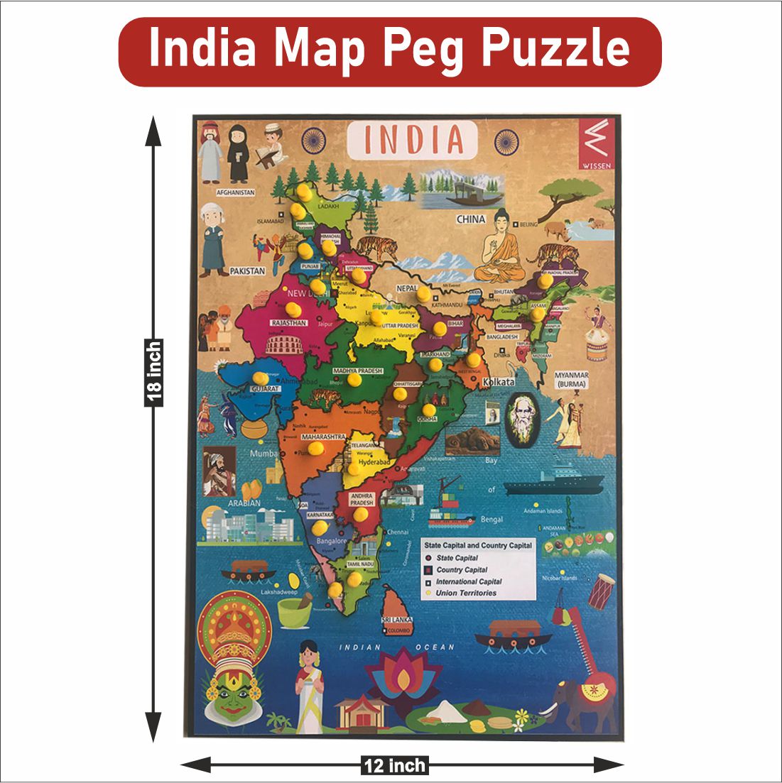 Wooden India Map Educational Peg Board Puzzle -12*18 inch