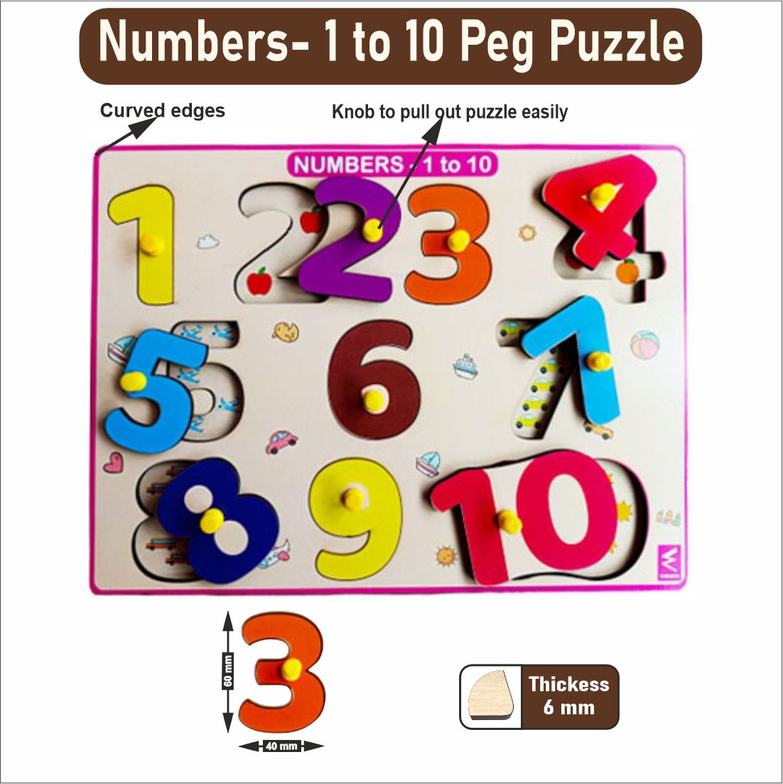 Wooden Hide and See Numbers 1-10 Peg Board Puzzle- 12*9 inch