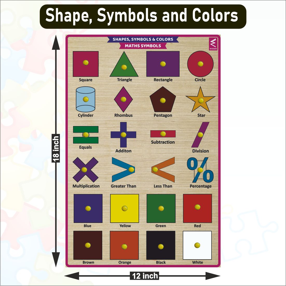 Wooden Shape and Symbol Peg Board Puzzle- 12*18 inch