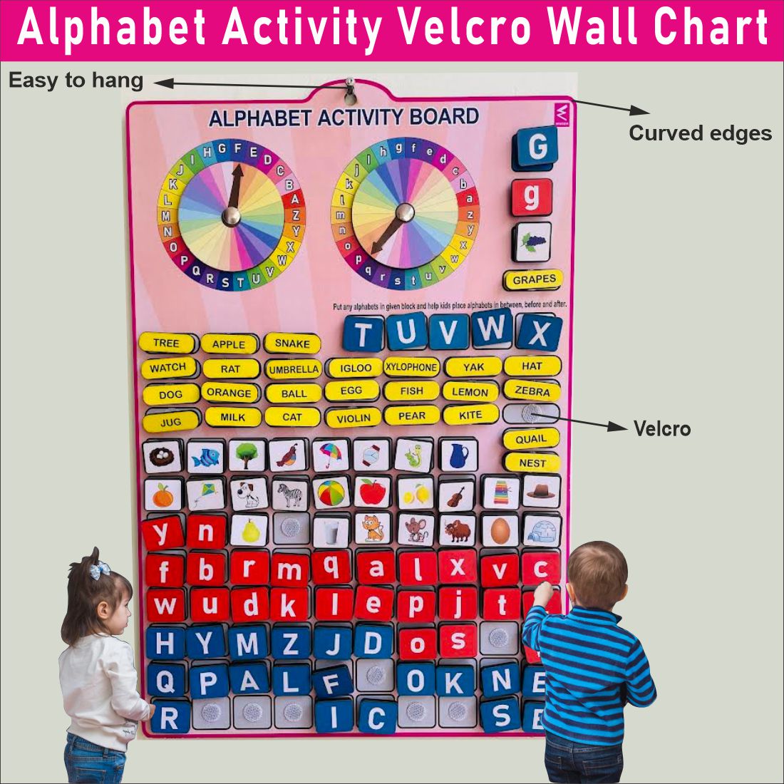 Wooden Alphabet Activity Learning Board- Velcro Based for Kids