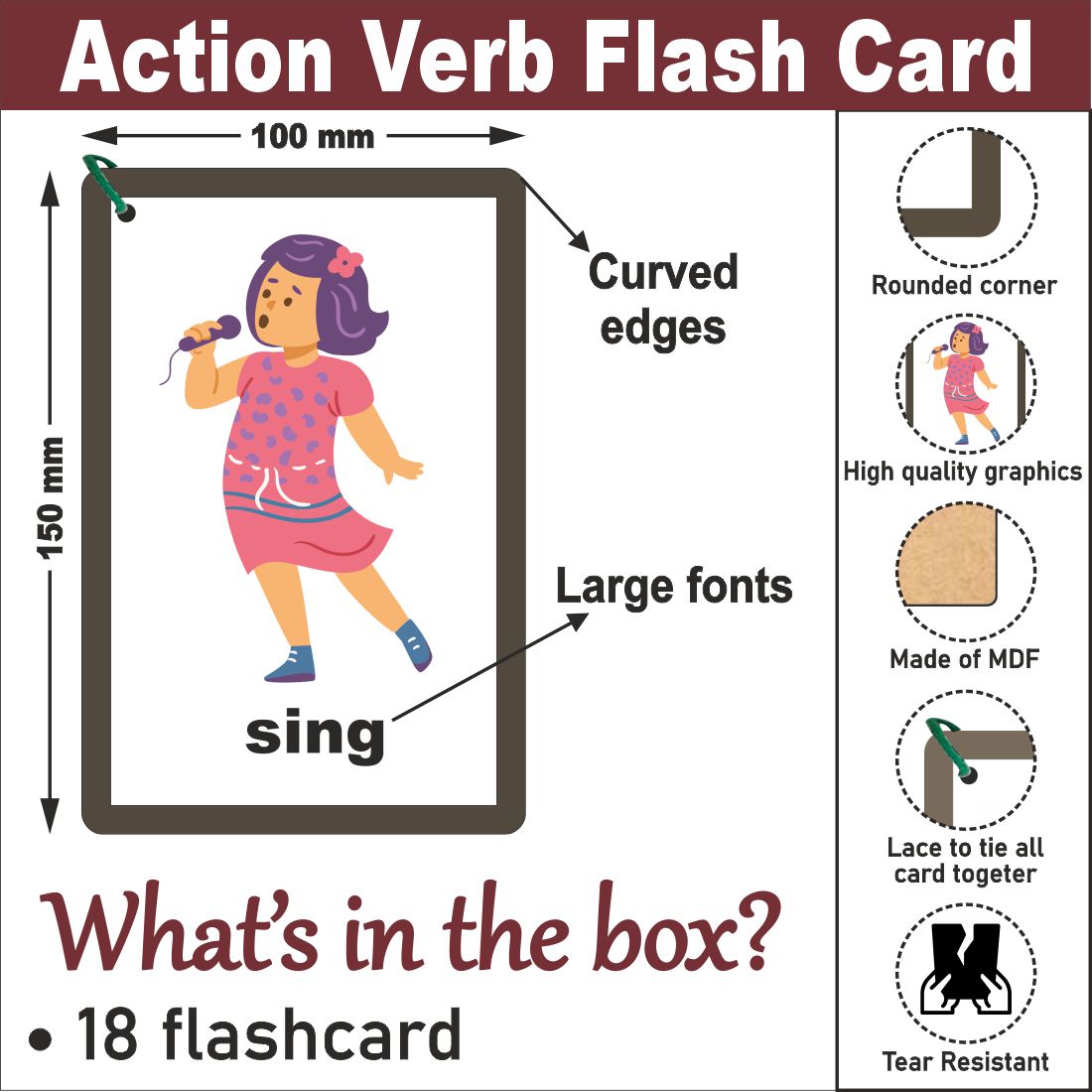 Wooden (MDF) Action Verb Learning Flash card with lacing thread.