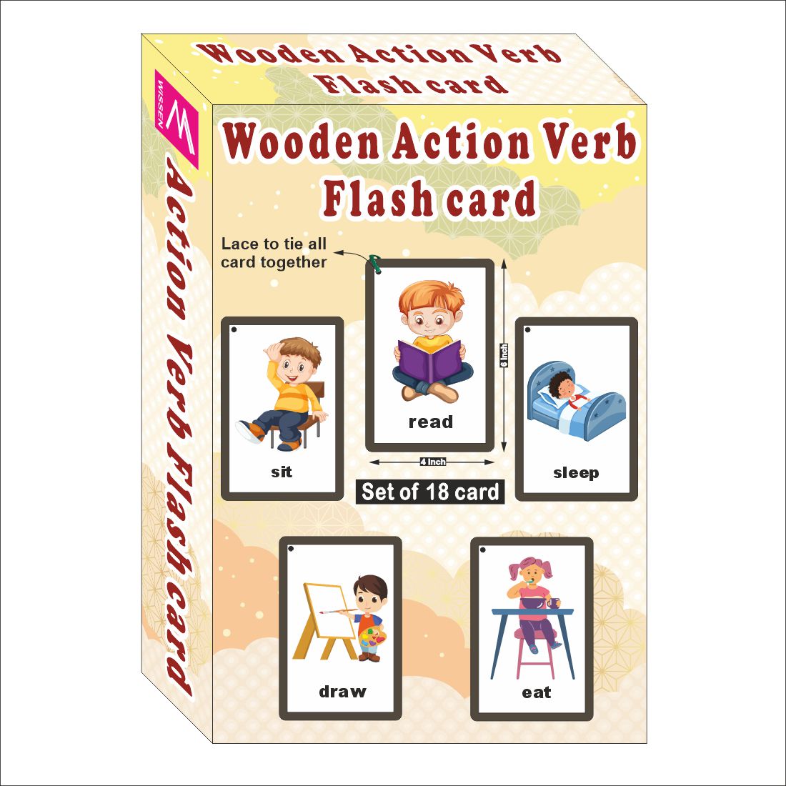 Wooden (MDF) Action Verb Learning Flash card with lacing thread.