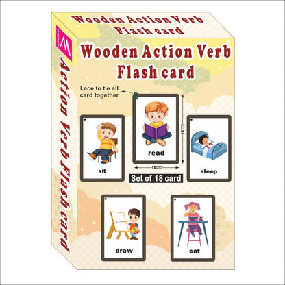 Wooden (MDF) Action Verb Learning Flash card with lacing thread.