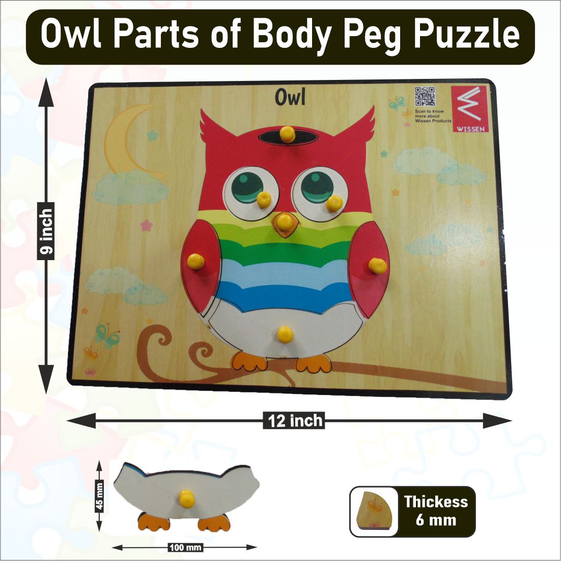 Wooden OWL parts of body peg board Puzzle -12*9 inch