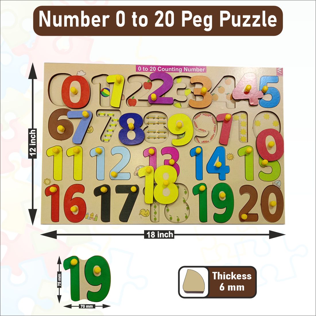 Wooden Numbers 0-20 Peg  Board Puzzle- 12*18 inch