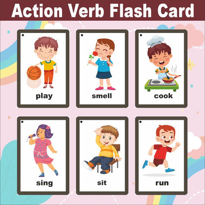 Wooden (MDF) Action Verb Learning Flash card with lacing thread.