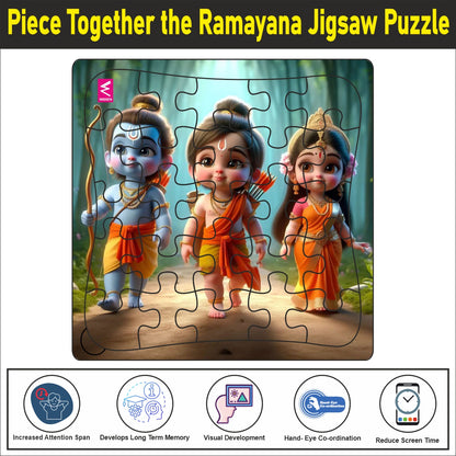 Wooden Jigsaw Puzzle- " Piece together the Ramayana: A delightful puzzle featuring Ram, Lakshman, Sita, and their epic journey. 9*9 inch