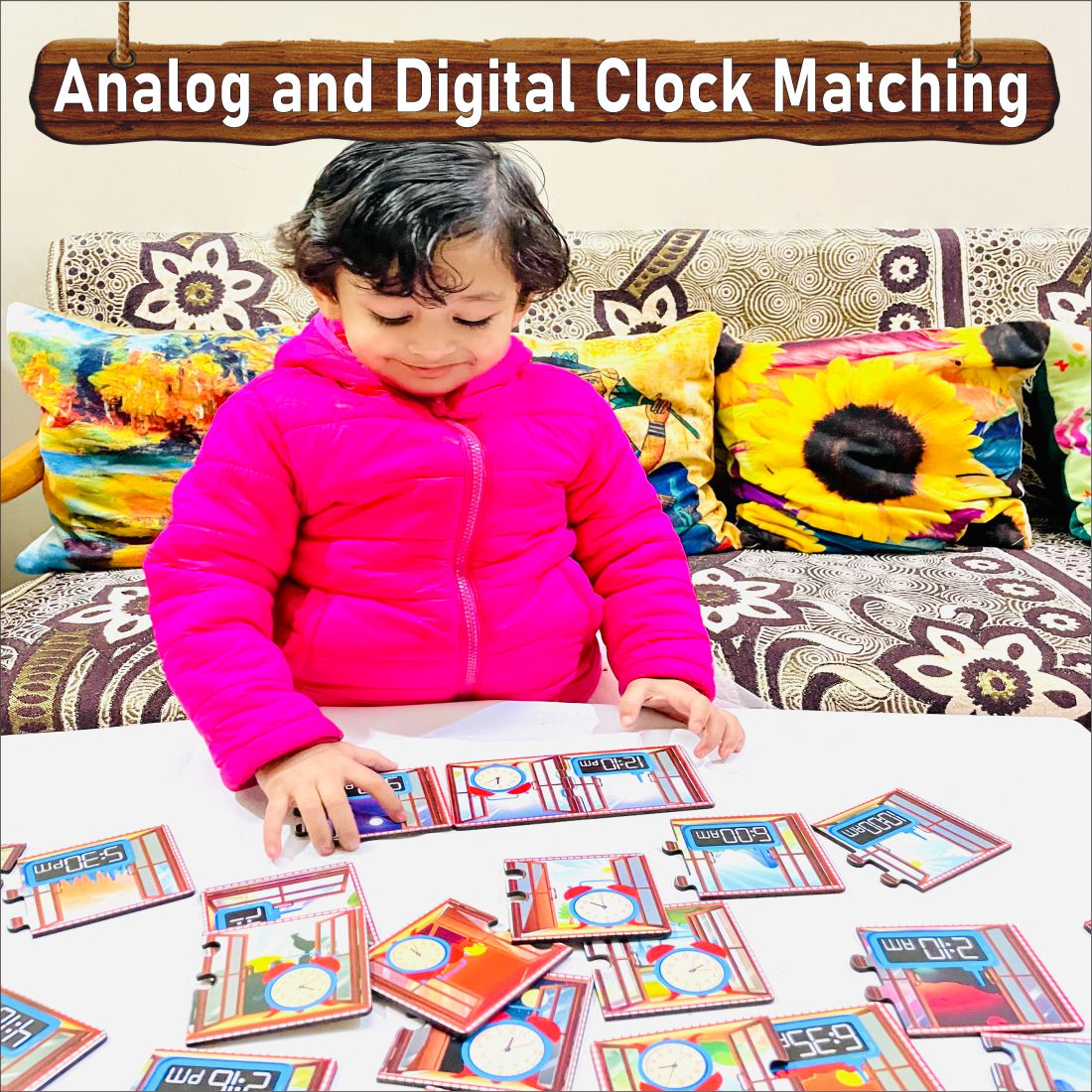 Wooden Analog and Digital Clock Matching Puzzle-3*3 inch size each puzzle -set of 12 concepts