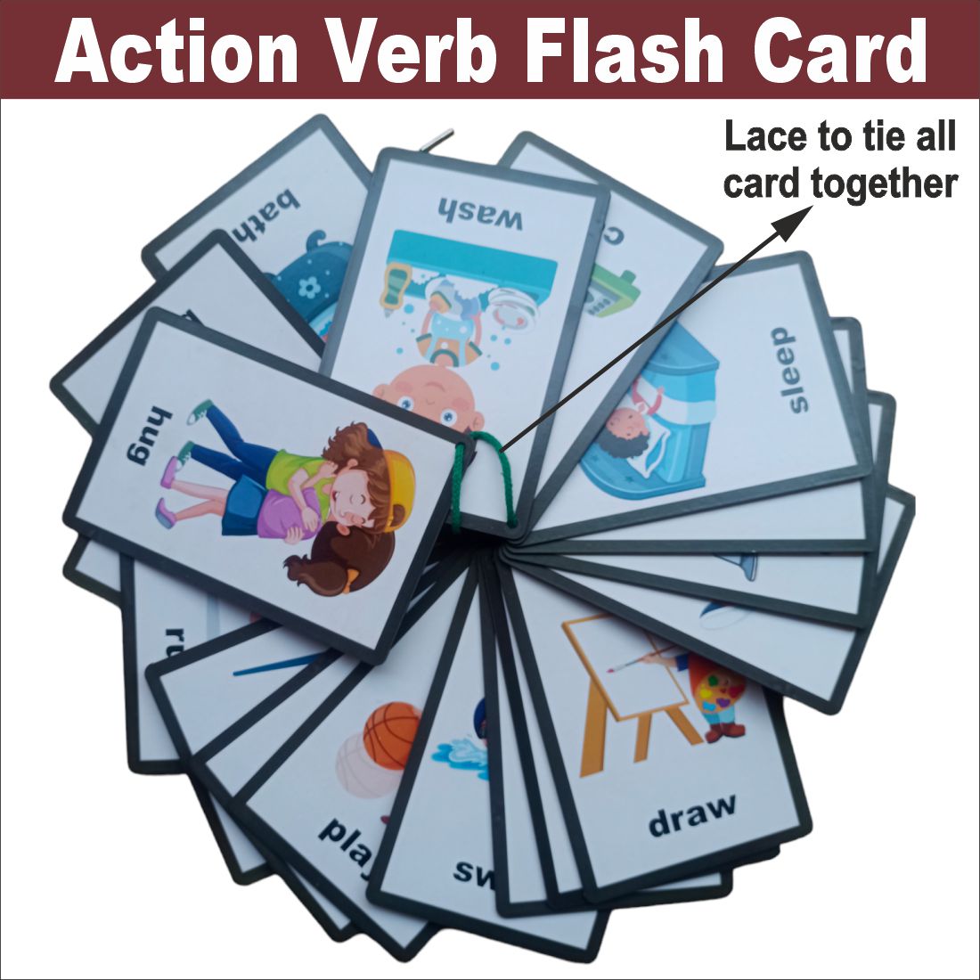 Wooden (MDF) Action Verb Learning Flash card with lacing thread.