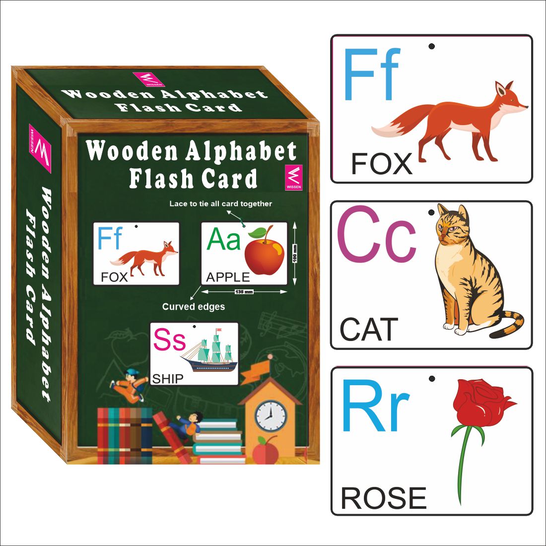 Wooden (MDF) Alphabet Learning Flash card with lacing thread.