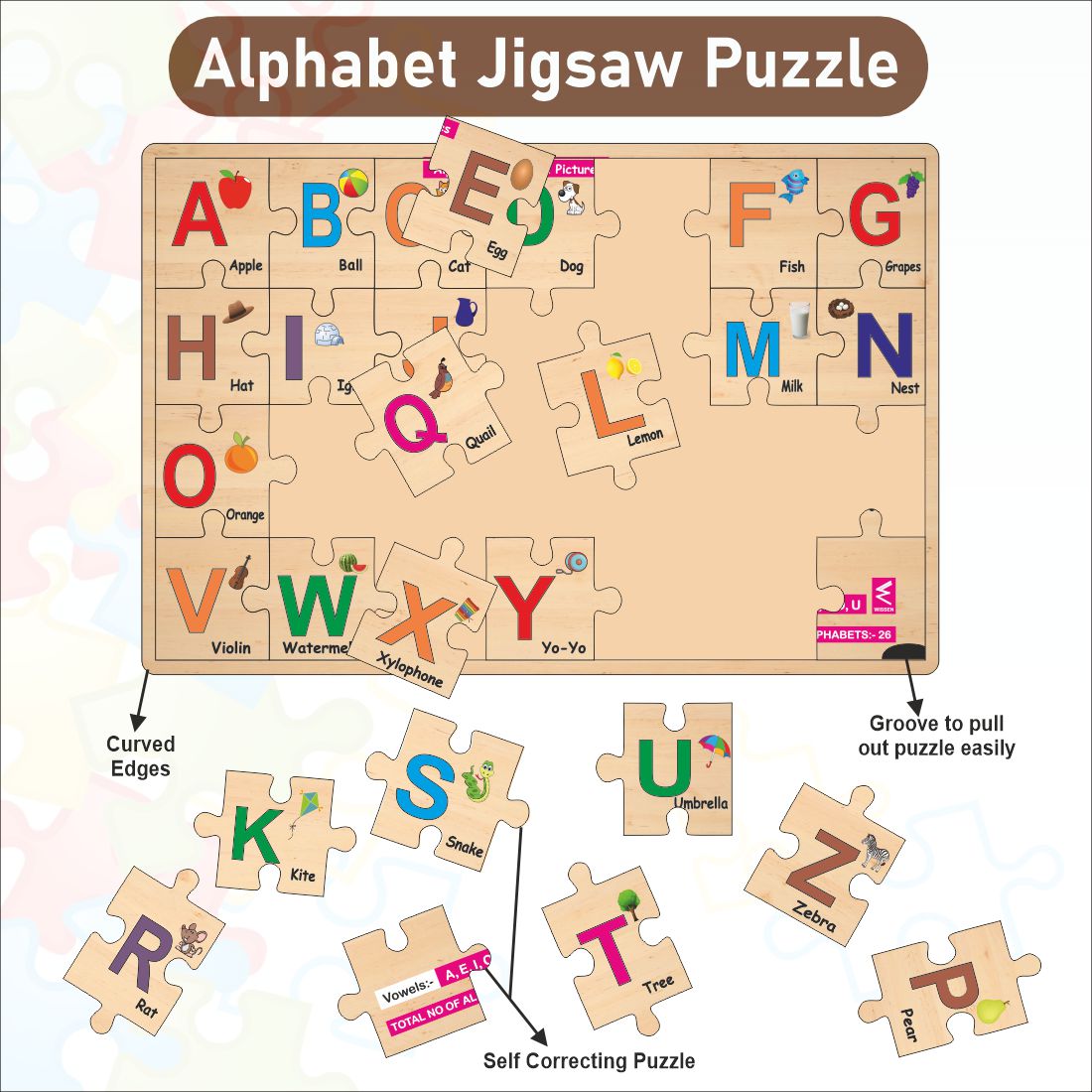 Wooden Alphabet A-Z Jigsaw Puzzle 12*18 inch for kids with puzzle tray