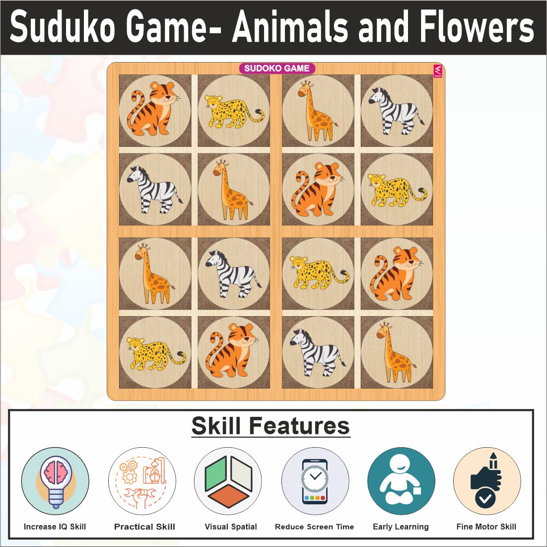 Wooden Sudoku Game Animals and Flowers