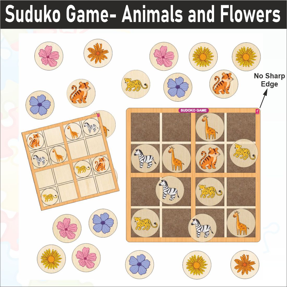 Wooden Sudoku Game Animals and Flowers