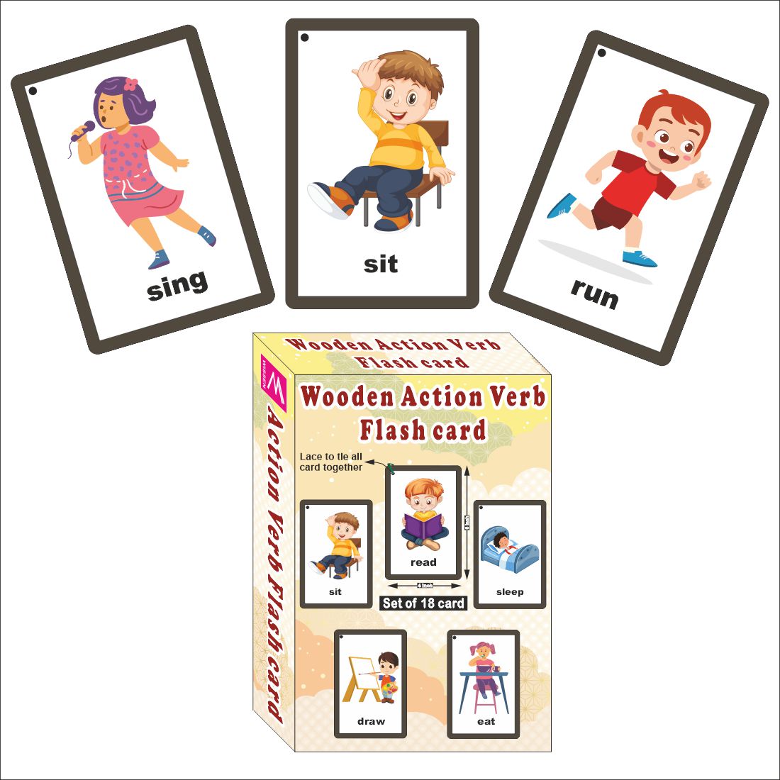 Wooden (MDF) Action Verb Learning Flash card with lacing thread.