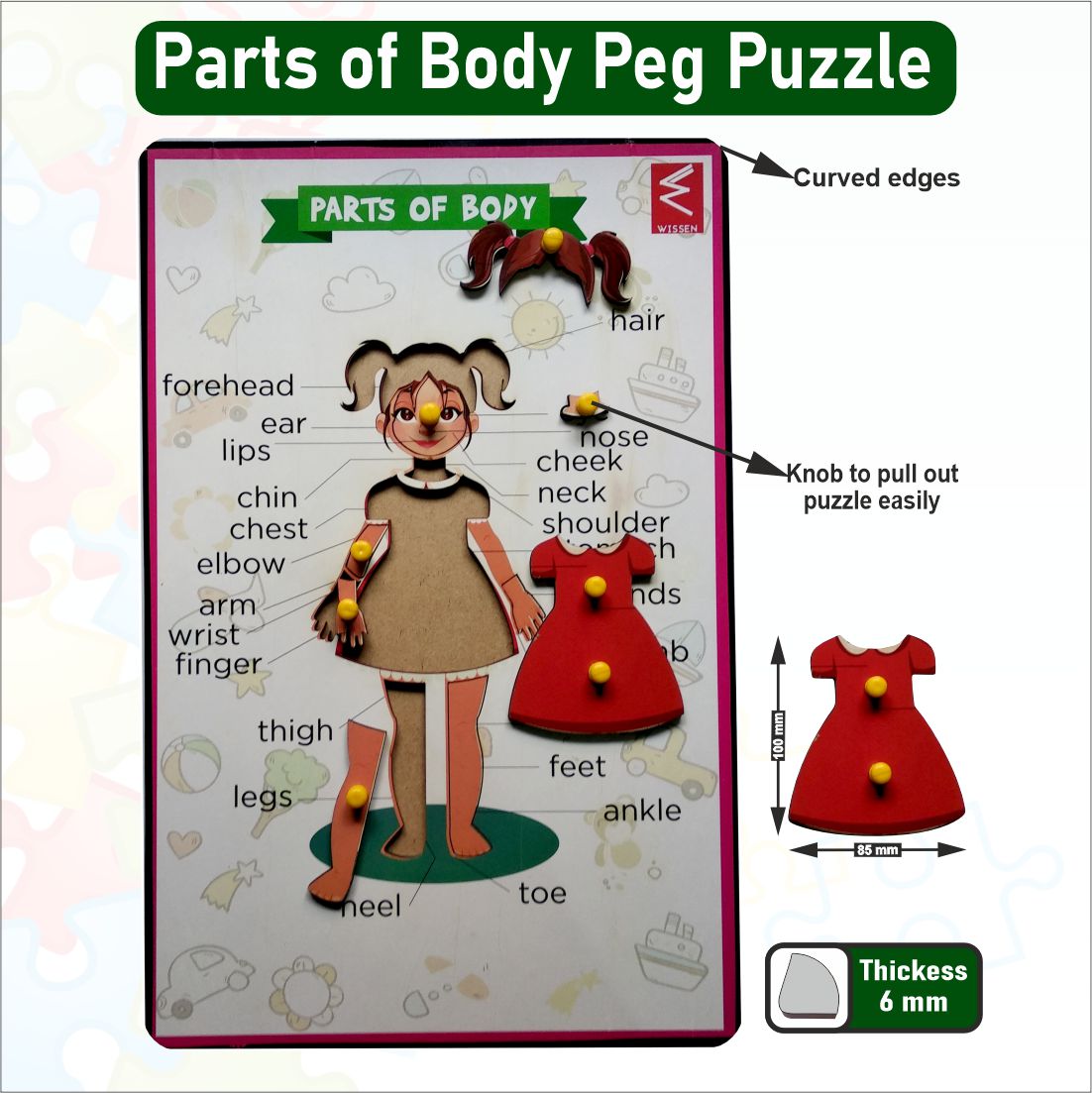 Wooden Parts of Body (Girl) Educational peg board puzzle- 12*18 inch