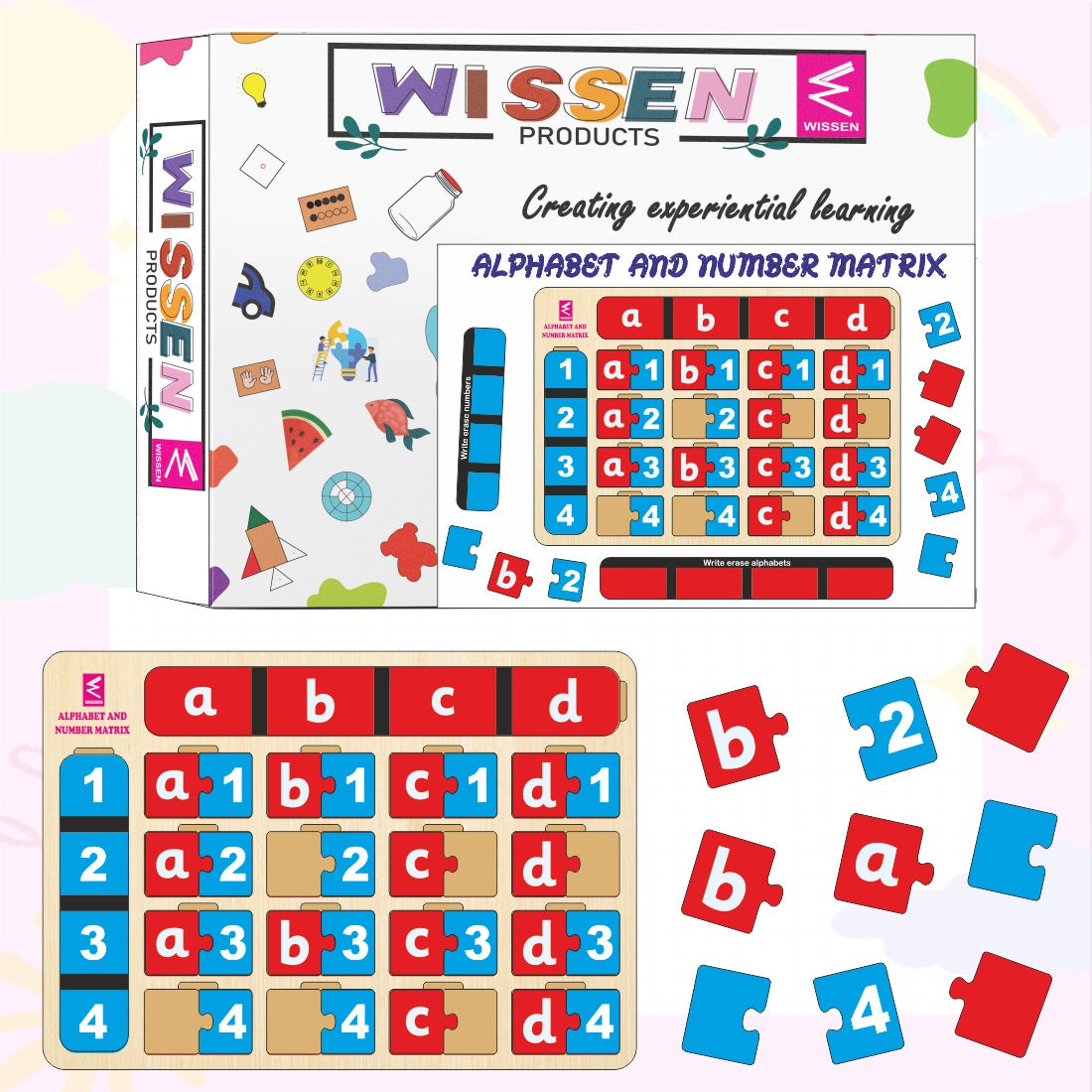 Wooden Write and Erase Alphabet Number Matrix Learning Game- Open end toy with infnite play