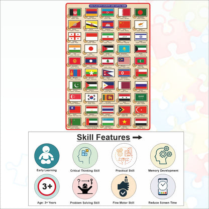 Wooden Asia Countries, Capital and Flag Learning Educational Puzzle-12*18 inch for Kids