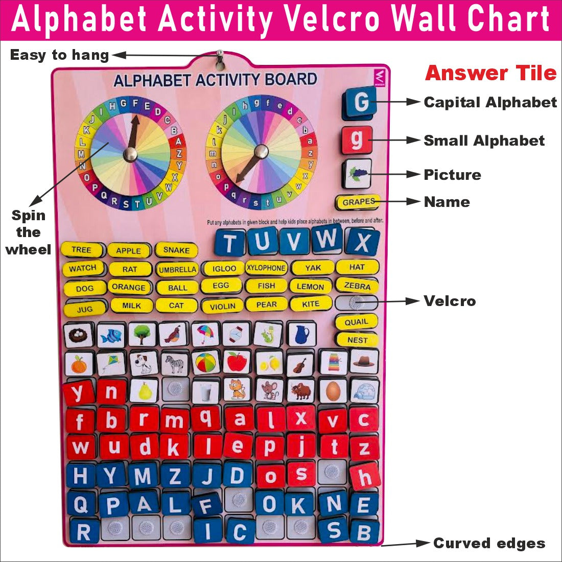 Wooden Alphabet Activity Learning Board- Velcro Based for Kids