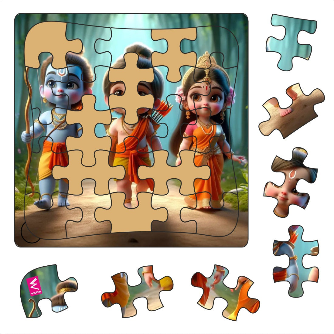 Wooden Jigsaw Puzzle- " Piece together the Ramayana: A delightful puzzle featuring Ram, Lakshman, Sita, and their epic journey. 9*9 inch