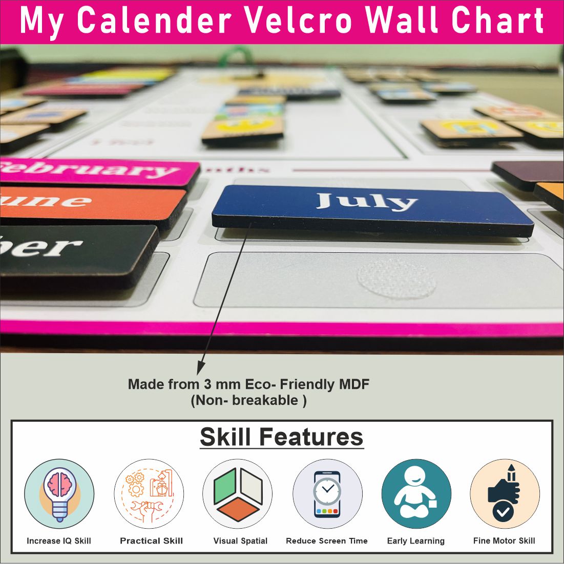 Wooden My First  Calendar Activity Learning Board- Velcro Based for Kids