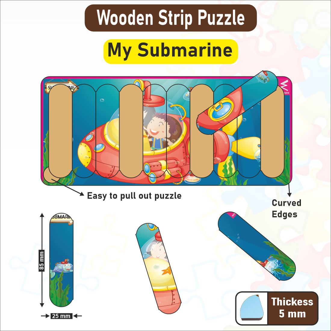 Wooden Strip Puzzle -Set of 6 -9*4 inch