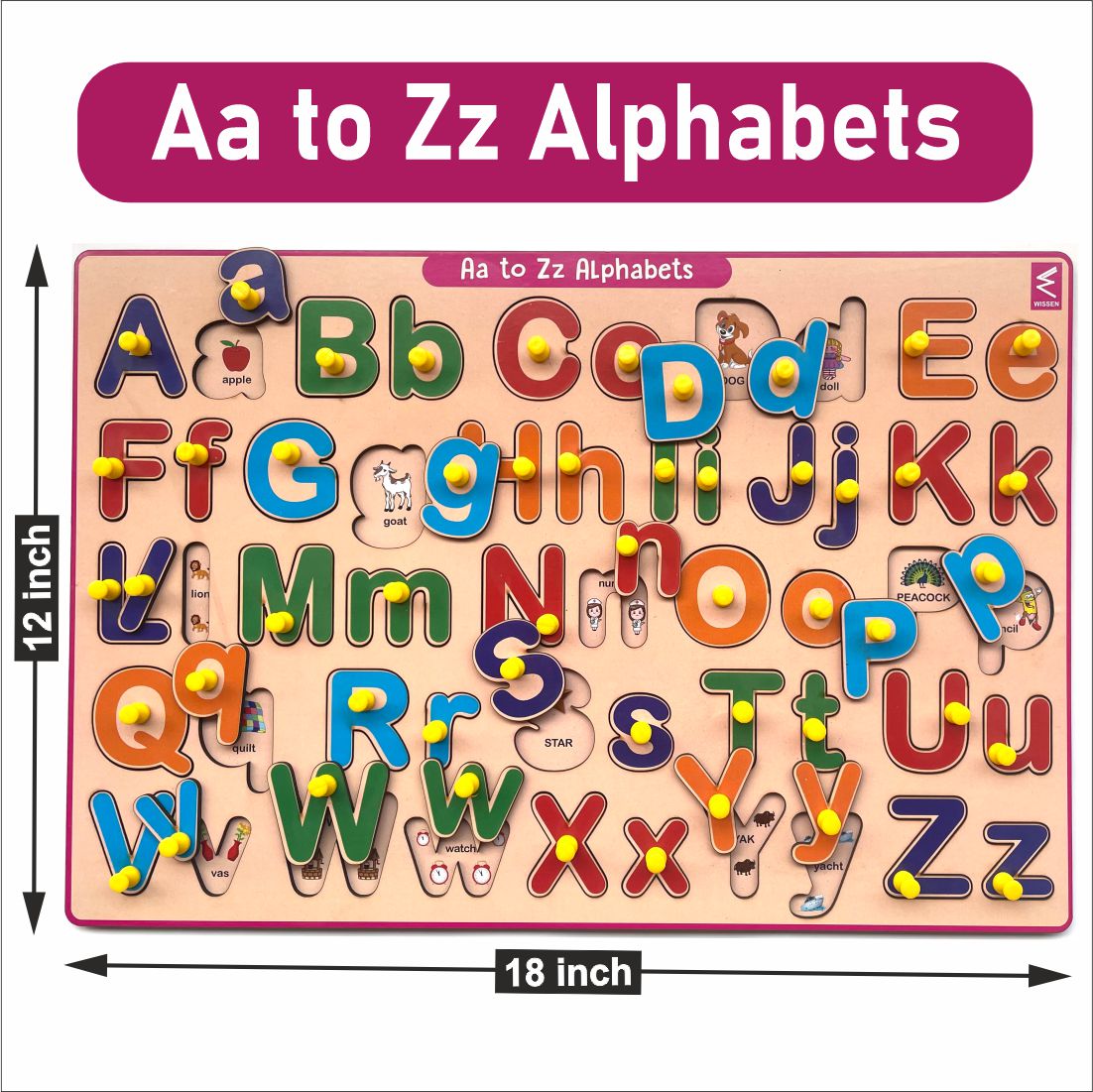 Wooden Hide and See Capital case and Small Case Combined Alphabet Peg Board Puzzle- 12*18 inch