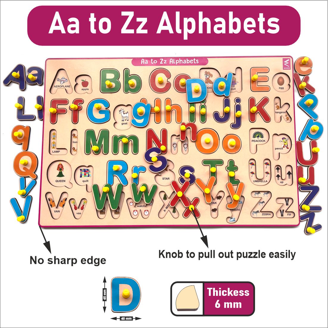 Wooden Hide and See Capital case and Small Case Combined Alphabet Peg Board Puzzle- 12*18 inch