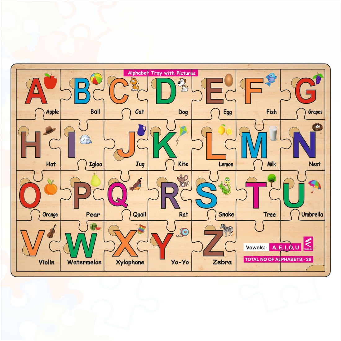 Wooden Alphabet A-Z Jigsaw and placement Puzzle 12*18 inch for kids with puzzle tray