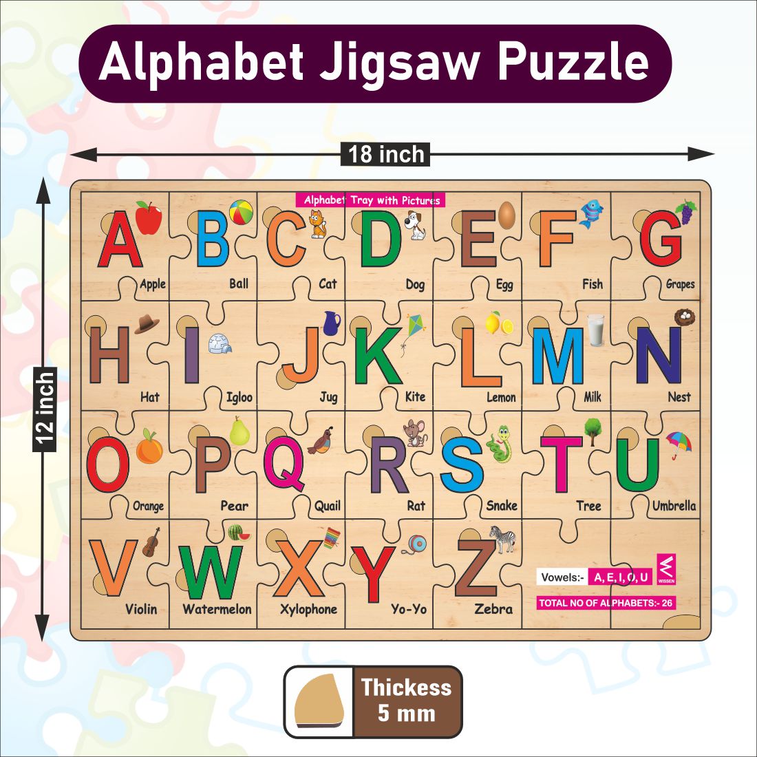 Wooden Alphabet A-Z Jigsaw and placement Puzzle 12*18 inch for kids with puzzle tray