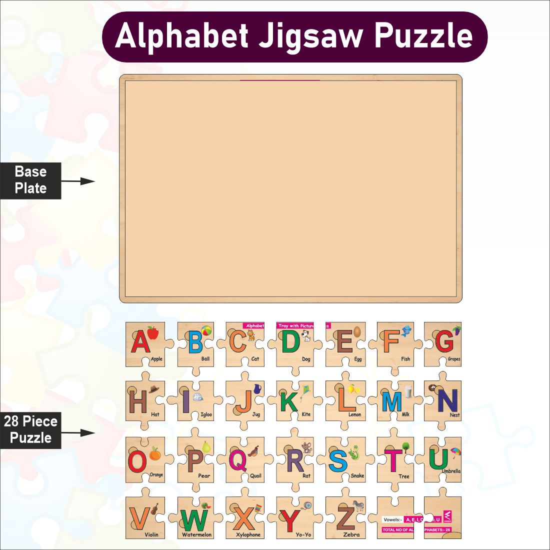 Wooden Alphabet A-Z Jigsaw and placement Puzzle 12*18 inch for kids with puzzle tray