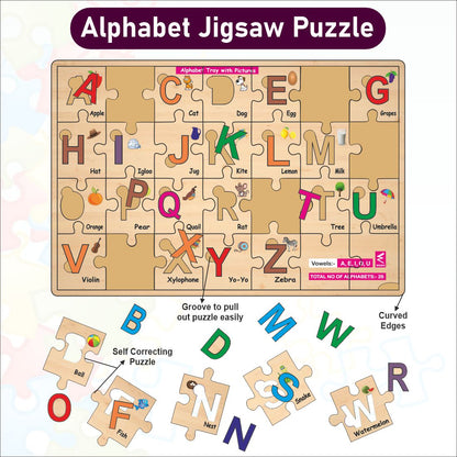 Wooden Alphabet A-Z Jigsaw and placement Puzzle 12*18 inch for kids with puzzle tray