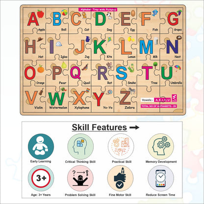 Wooden Alphabet A-Z Jigsaw and placement Puzzle 12*18 inch for kids with puzzle tray