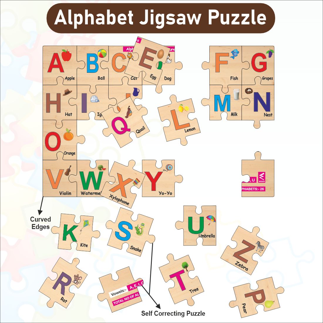 Wooden Alphabet A-Z Puzzle 12*18 inch for kids