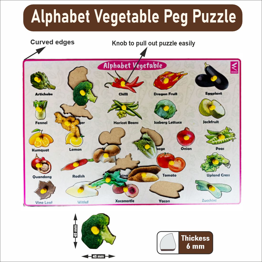 Wooden Alphabet Vegetable Peg Board Puzzle- 12*18 inch