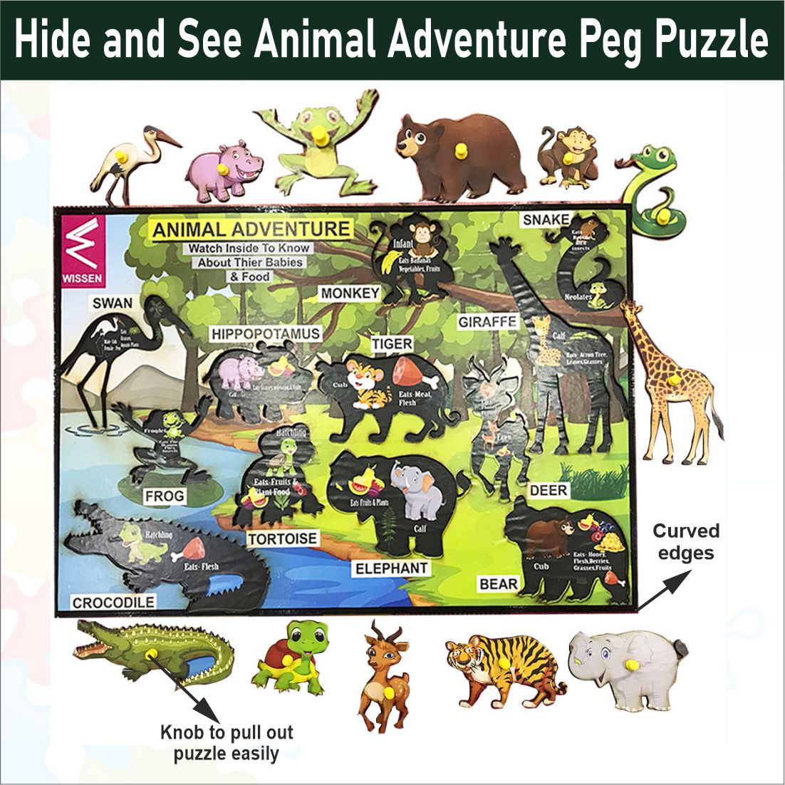 Wooden Hide and See Educational Jungle theme Animal Learning Peg Board Puzzle