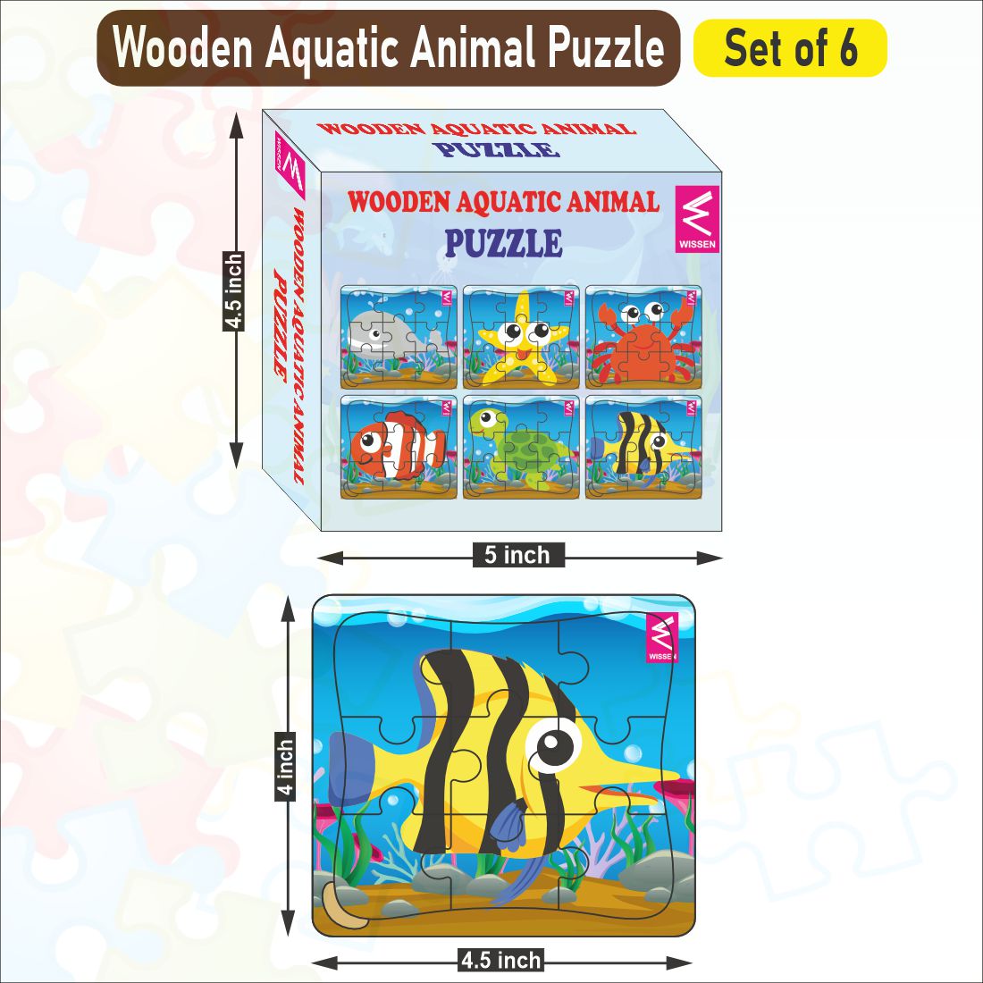 Wooden Jigsaw Aquatic Animal puzzle -4*4.5 inch-Set of 6