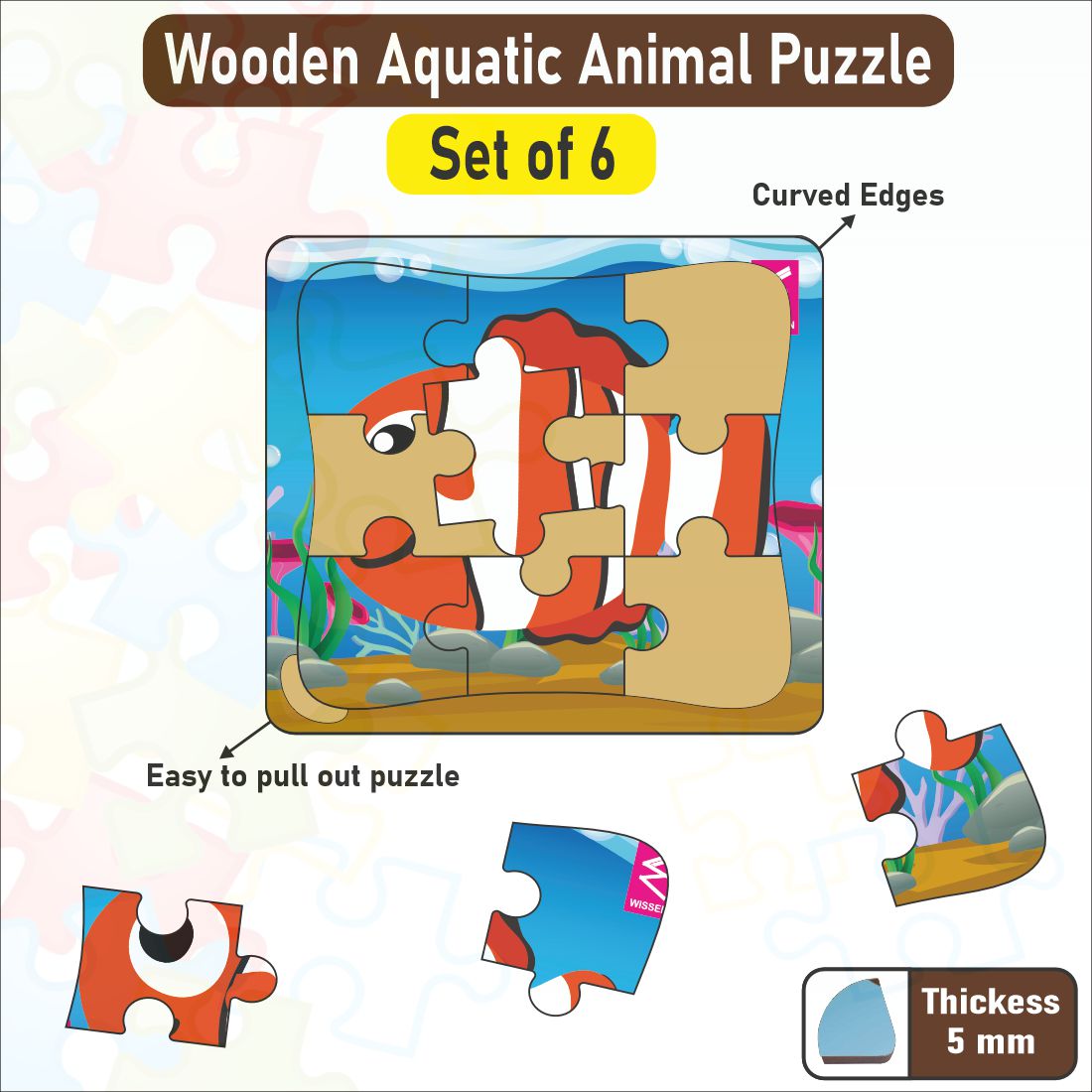 Wooden Jigsaw Aquatic Animal puzzle -4*4.5 inch-Set of 6