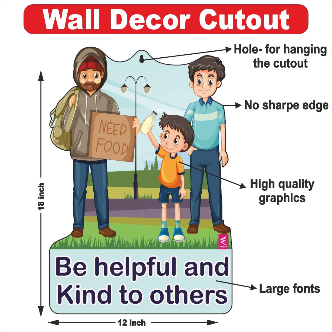 Wooden(MDF) Wall Decor Cutout for kids- Be helpful and kind to others -Learning through Fun design - 12*18 inch